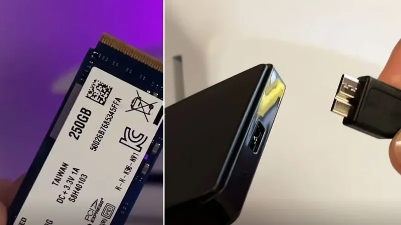 SSD M.2 250GB PCIe para PS5 junto a carcasa externa con conector micro-USB para almacenamiento externo