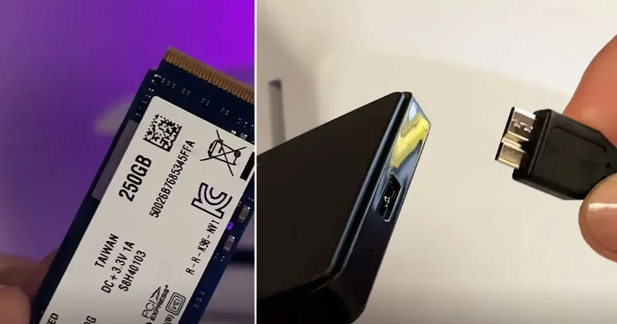 SSD M.2 250GB PCIe para PS5 junto a carcasa externa con conector micro-USB para almacenamiento externo