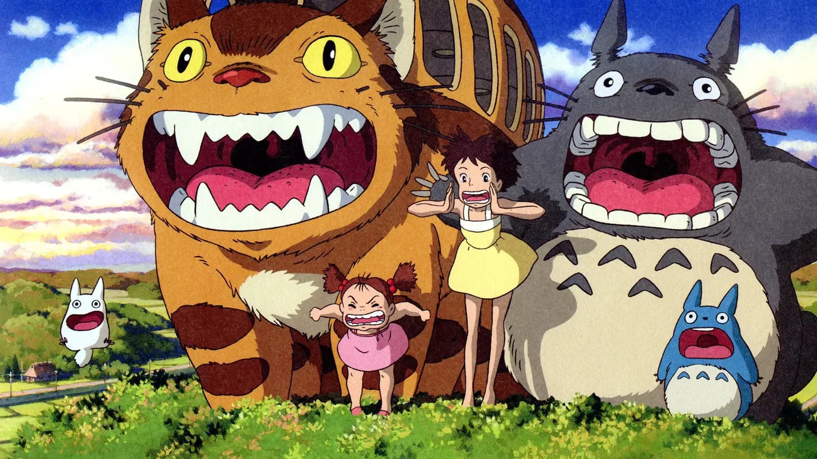 Totoro, Catbus, Mei y Satsuki rugiendo juntos en escena icónica de Mi Vecino Totoro de Studio Ghibli