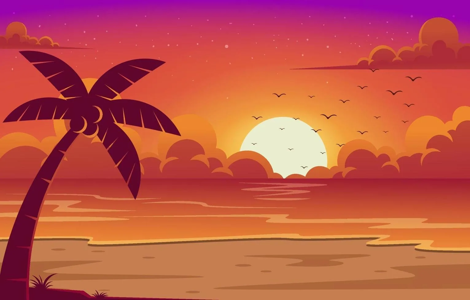 Atardecer tropical con palmera, sol brillante sobre el mar y aves volando, fondo de escenario de videojuego