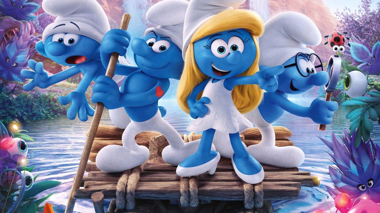 Pitufos animados en 3D sobre una balsa: Clumsy, Hefty, Smurfette y Brainy en un bosque mágico colorido.