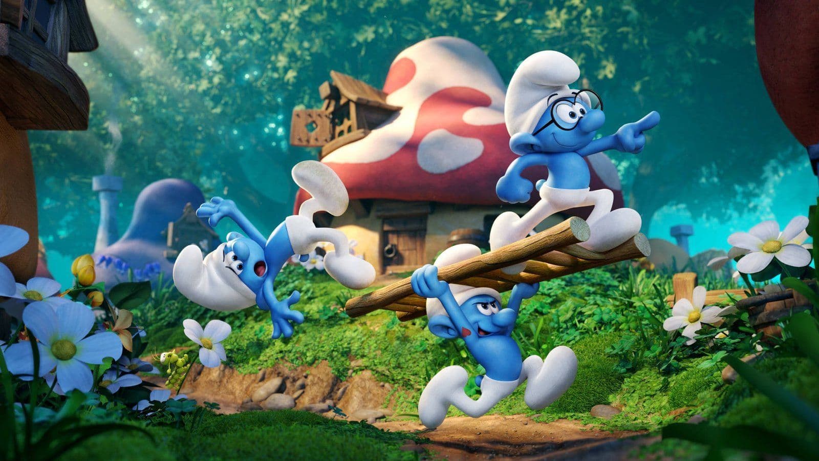 Tres Pitufos corriendo en su aldea de setas en el videojuego The Smurfs para PlayStation