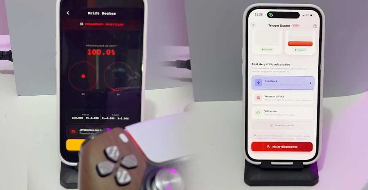 Two smartphones on stands display diagnostic apps: a dark screen with red circular indicators on the left and a light screen labeled Trigger Doctor on the right; a game controller is in the foreground on a desk.