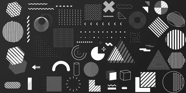 Colección de elementos geométricos Memphis en blanco y negro: círculos, triángulos, puntos y formas vectoriales modernas.
