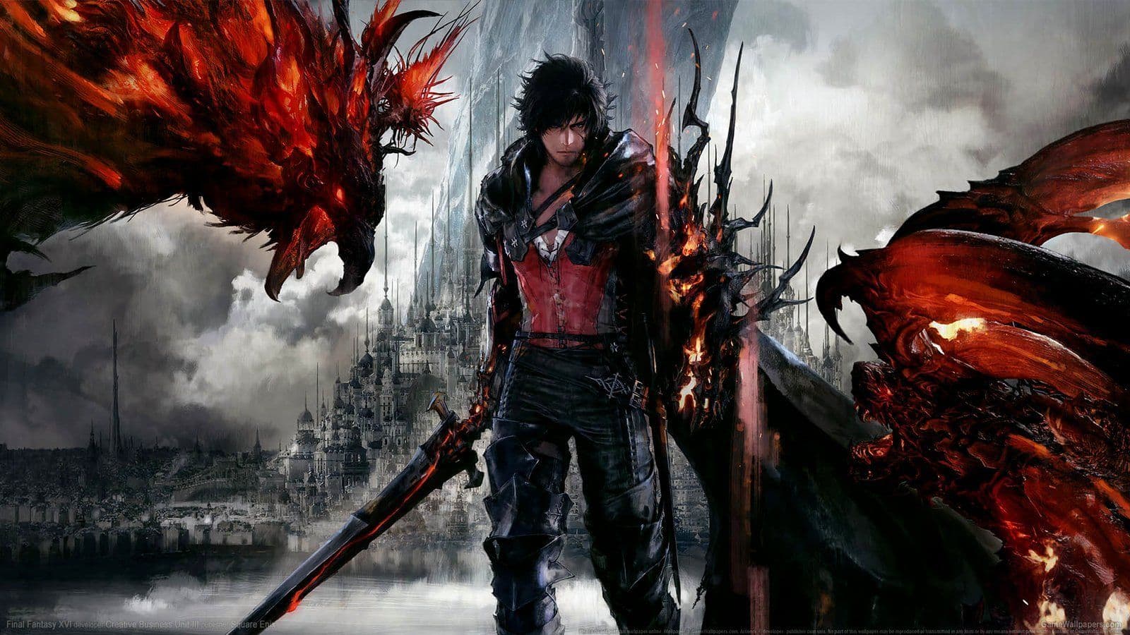 Clive Rosfield con espada flanqueado por Ifrit y Fénix en Final Fantasy XVI, Square Enix PS5