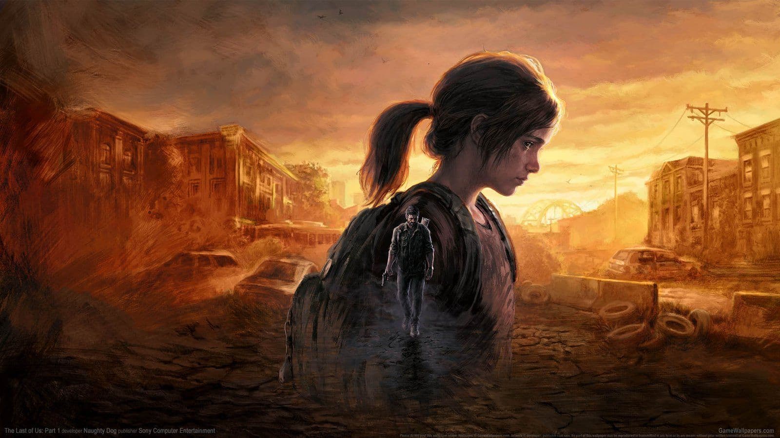 Arte oficial de The Last of Us Part 1: Ellie en primer plano y Joel al fondo en ciudad postapocalíptica.