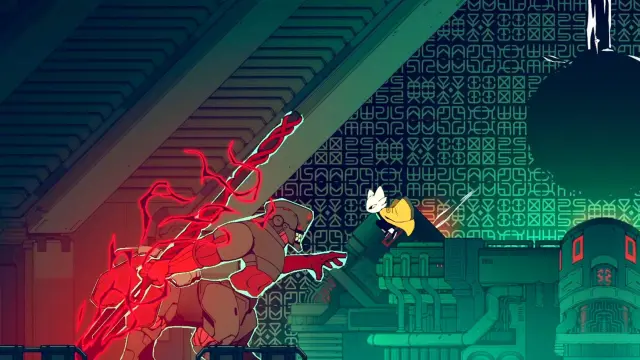 Futuristic battle scene: a red, energy-wrapped creature attacks a yellow-clad figure amid neon circuitry and high-tech machinery.