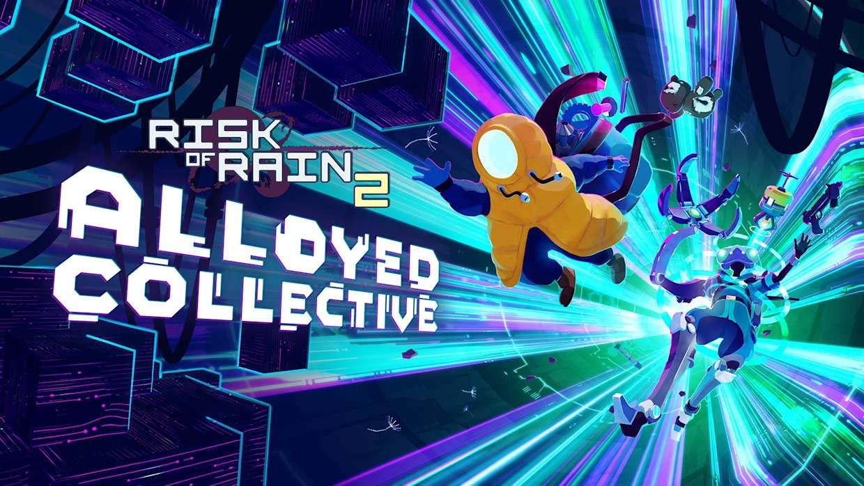 f3e769a56b34d3629bd8bafd5c5565ad9a82be824e75ed9758e9bcae1a39bda9 » Pleyx Risk of Rain 2: All Aboard Collective cover art with neon blue and purple warp beams and astronauts flying through a bright tunnel.