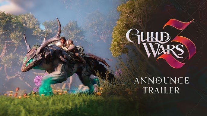 hq720-a38d908d-6455-4b12-bb67-44fde54c920c » Pleyx Rider on a dragon-like mount rushing through a lush forest, with the Guild Wars logo and 'Announce Trailer' text on the right.