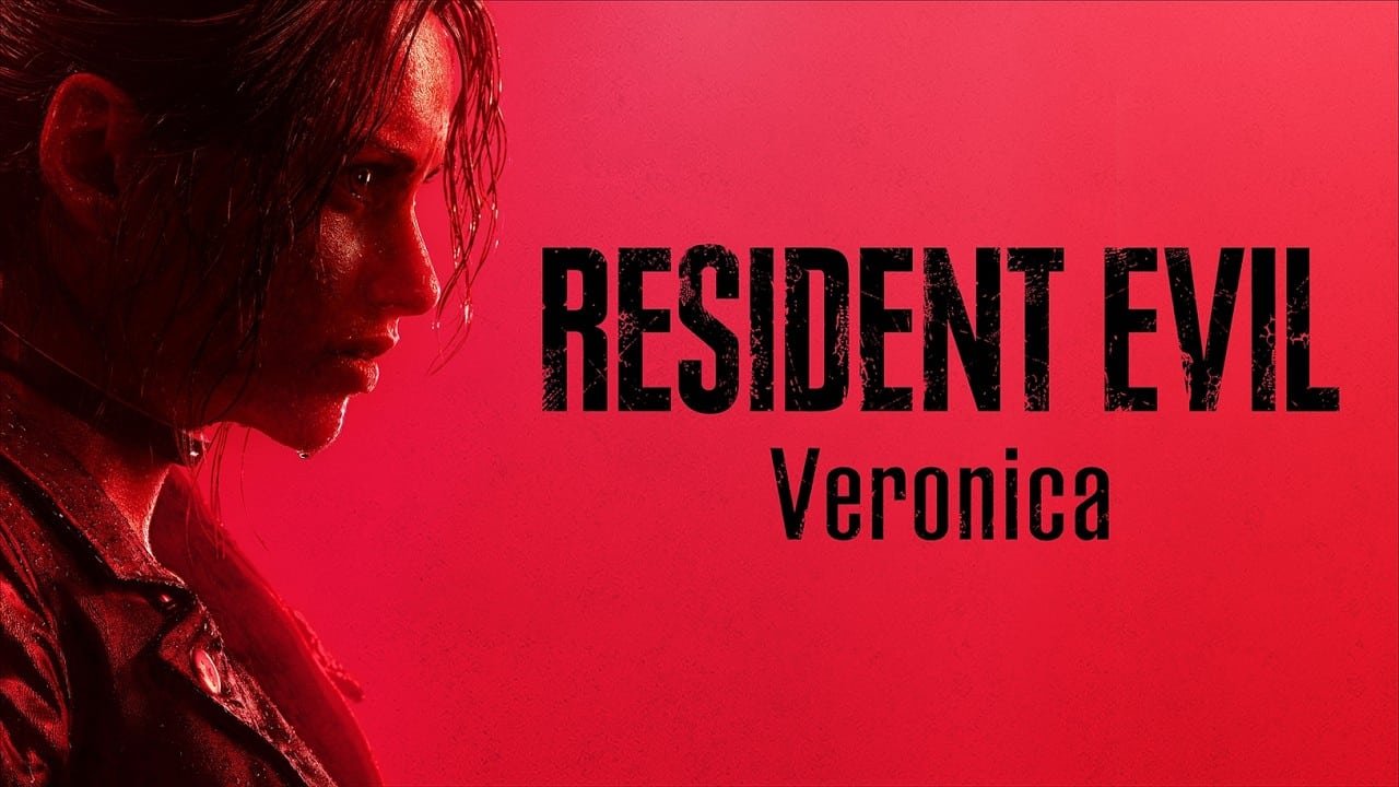 maxresdefault » Pleyx Red-tinted poster showing a woman in profile on the left with bold 'RESIDENT EVIL' text and 'Veronica' beneath on a red background.