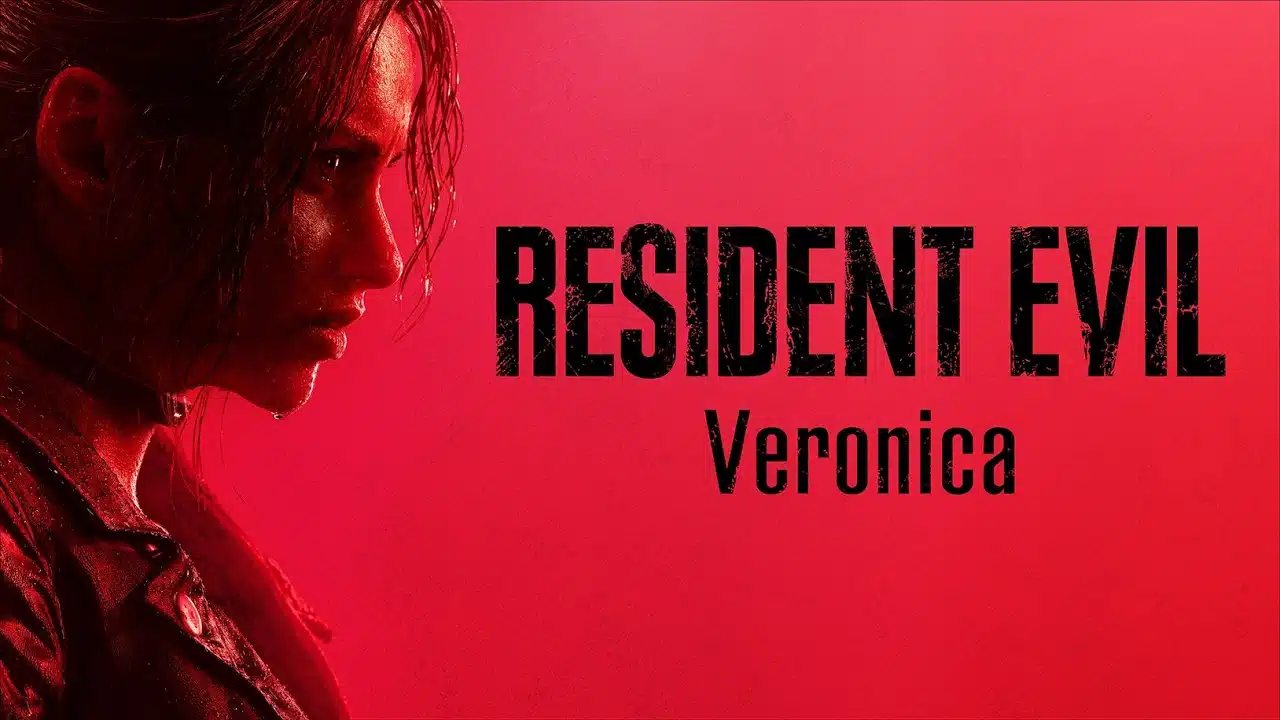 Red-tinted poster showing a woman in profile on the left with bold 'RESIDENT EVIL' text and 'Veronica' beneath on a red background.