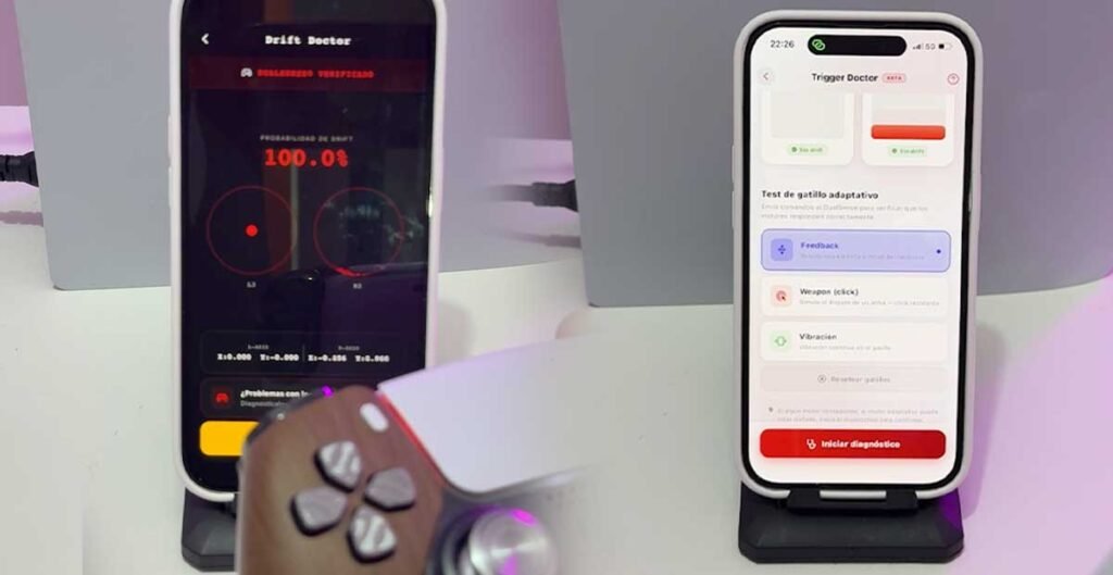 trigger-doctor-vs-drift-doctor-herramientas-de-pleyx » Pleyx Two smartphones on stands display diagnostic apps: a dark screen with red circular indicators on the left and a light screen labeled Trigger Doctor on the right; a game controller is in the foreground on a desk.