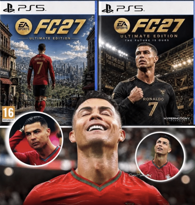 image » Pleyx PS5 FC27 Ultimate Edition collage: Cristiano Ronaldo appears on the left and right covers with a large smiling Ronaldo in the foreground and two circular insets.