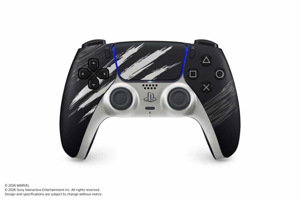 Mando DualSense de la PS5 de Wolverine en negro y plateado con zarpazos de adamantium