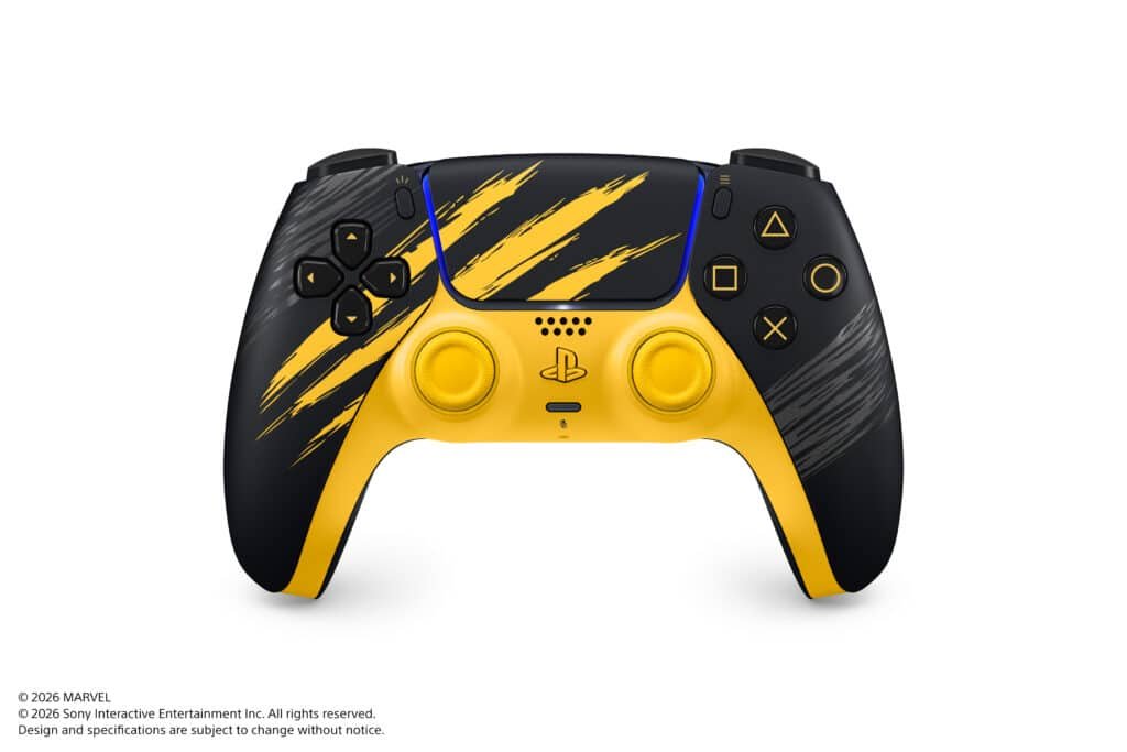 Mando DualSense de la PS5 de Wolverine en amarillo y negro con zarpazos