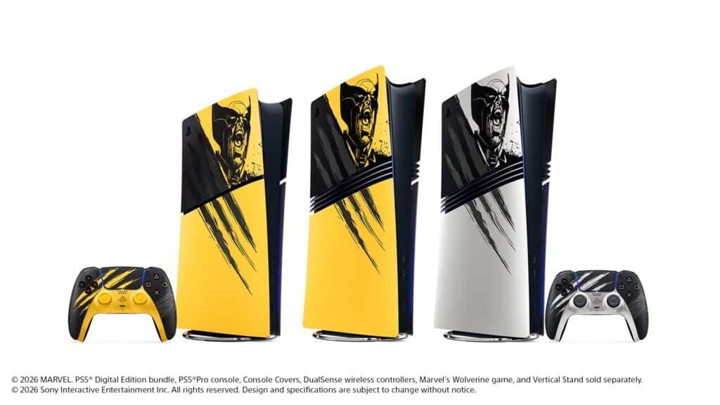 PS5 de Wolverine: consolas con cubiertas amarillas y plateadas junto a los mandos DualSense