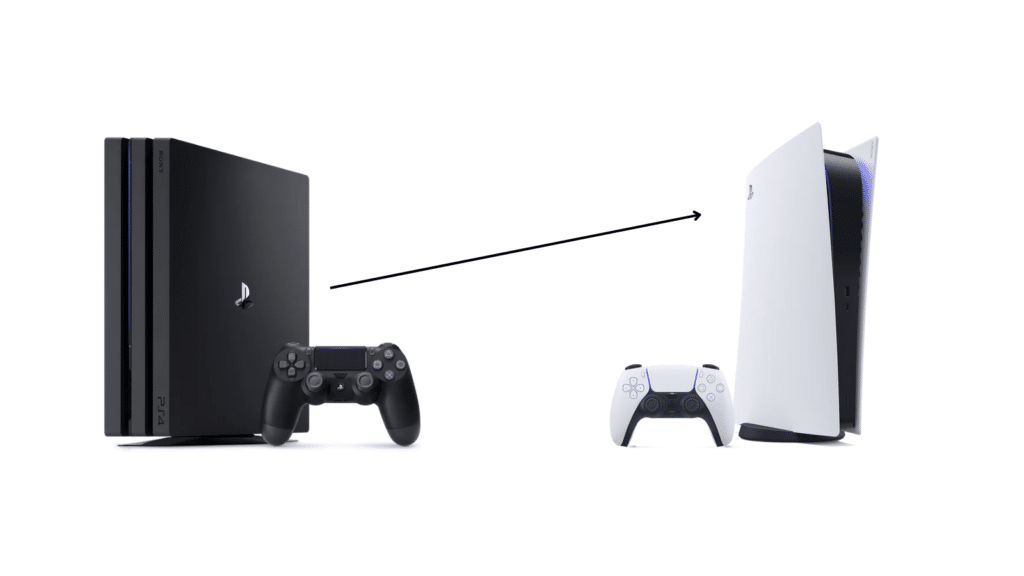 Una PS4 Pro con su mando DualShock 4 y una flecha que apunta a una PS5 con su DualSense