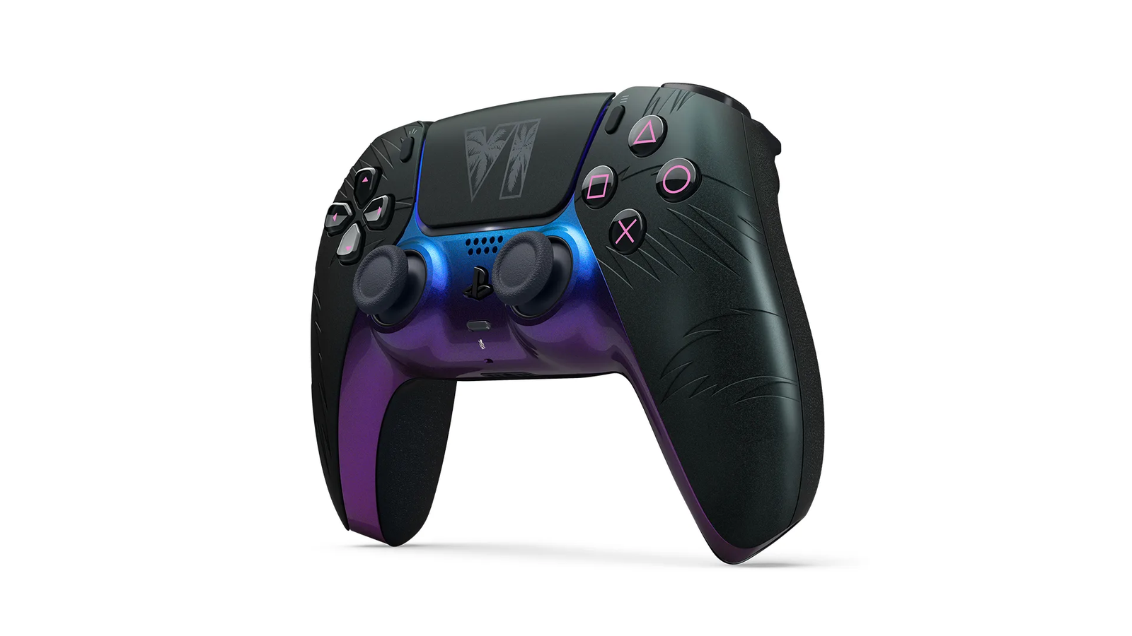 Mando DualSense GTA VI negro con degradado azul y morado y botones en rosa