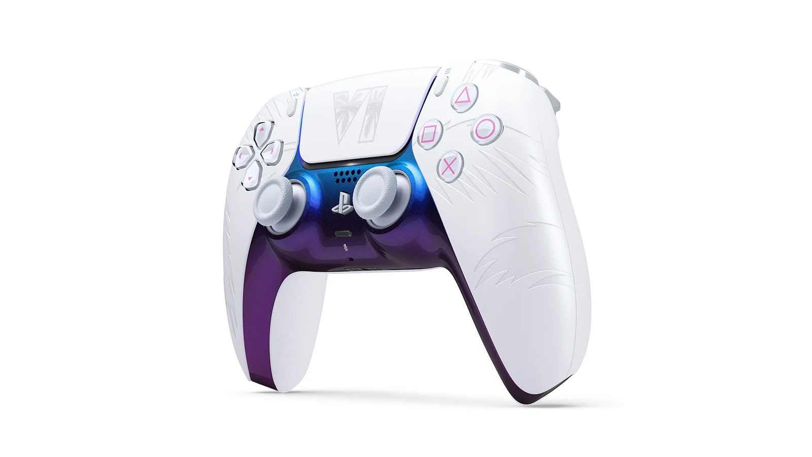 Mando DualSense GTA VI blanco con degradado azul y morado y el grabado VI con palmeras